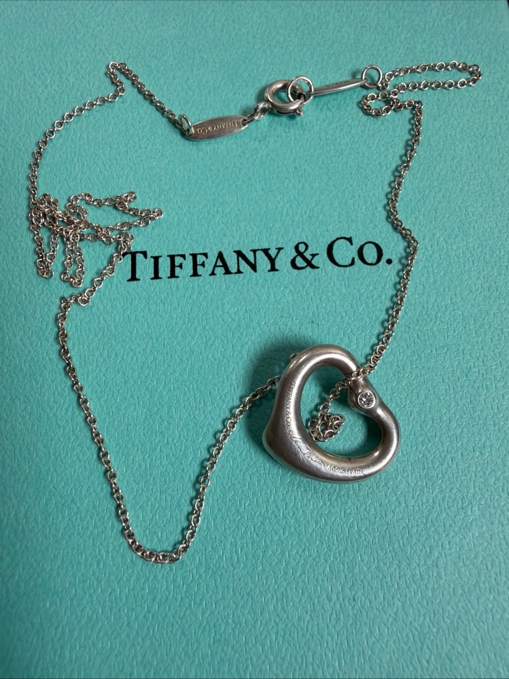 Tiffany & Co. Elsa Peretti Silver Open Heart Small Pendant Diamond Necklace 16"